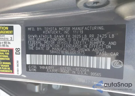 2020 Lexus Es 350 из США, поврежденный, VIN 58ADZ1B18LU061875